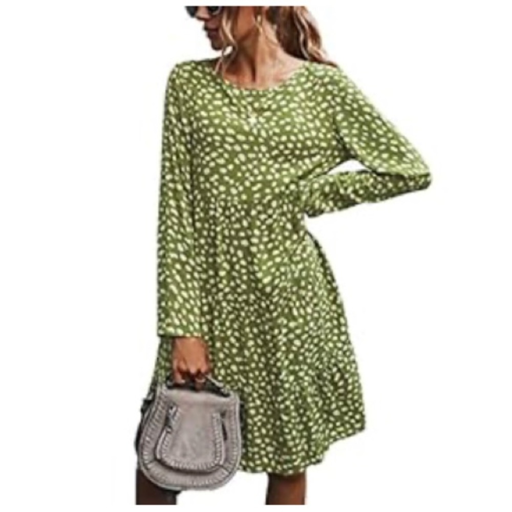 Green Long Sleeve Swing Dress with White Polka Dots